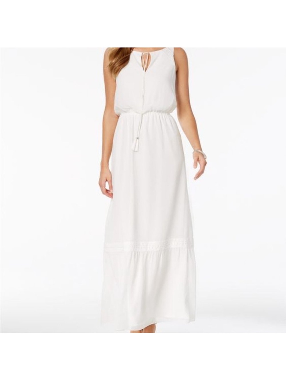 Adrianna Papell Warm White Sleeveless Maxi Greek Goddess Dress with Tassels
